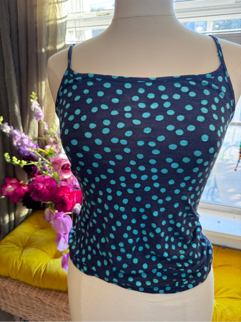 LOFT Teal and Navy Top with Polka Dots